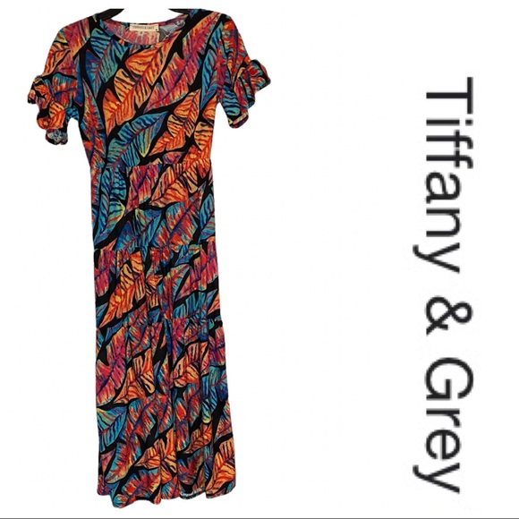 Brand New! Tiffany & Grey Multi-Colored Leaves Short Sleeve Dress size XL - Picture 2 of 9